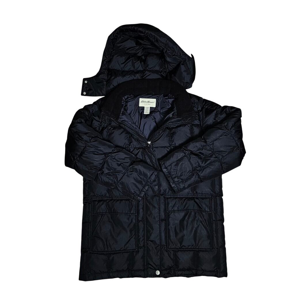 Eddie Bauer Black Goose Down Puffer Chore Coat Quilted Flap Pckts Snaps & Zip LG - Picture 4 of 9